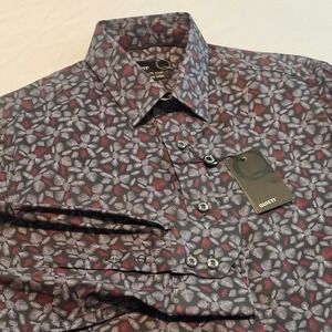 Quieti Stretch Cotton S Small Long Sleeve Black Leave Pattern Shirt NWT L974